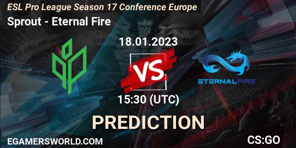 Prognose für das Spiel Sprout VS Eternal Fire. 18.01.2023 at 15:30. Counter-Strike (CS2) - ESL Pro League Season 17 Conference Europe