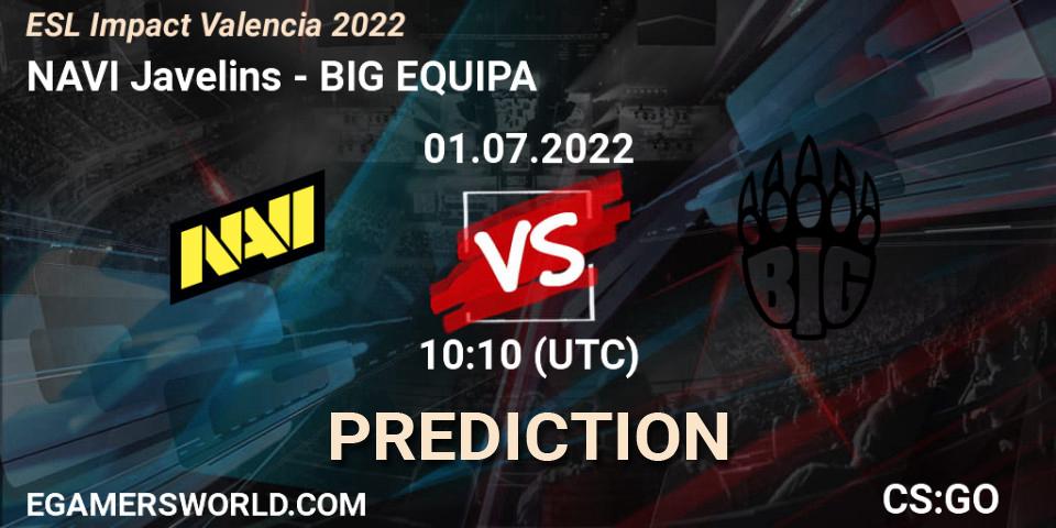 Prognose für das Spiel NAVI Javelins VS BIG EQUIPA. 01.07.2022 at 10:00. Counter-Strike (CS2) - ESL Impact Valencia 2022