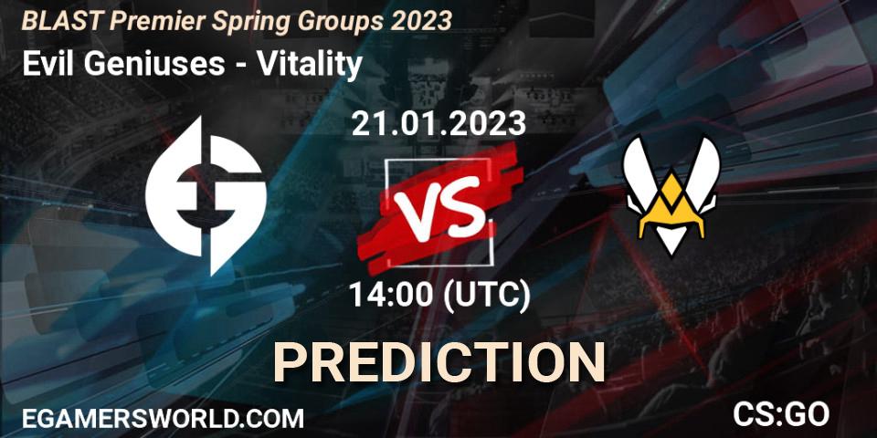 Prognose für das Spiel Evil Geniuses VS Vitality. 21.01.2023 at 15:40. Counter-Strike (CS2) - BLAST Premier Spring Groups 2023