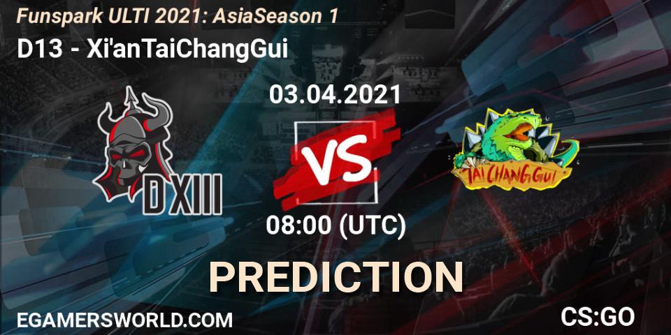 Prognose für das Spiel D13 VS Xi'anTaiChangGui. 03.04.2021 at 09:30. Counter-Strike (CS2) - Funspark ULTI 2021: Asia Season 1