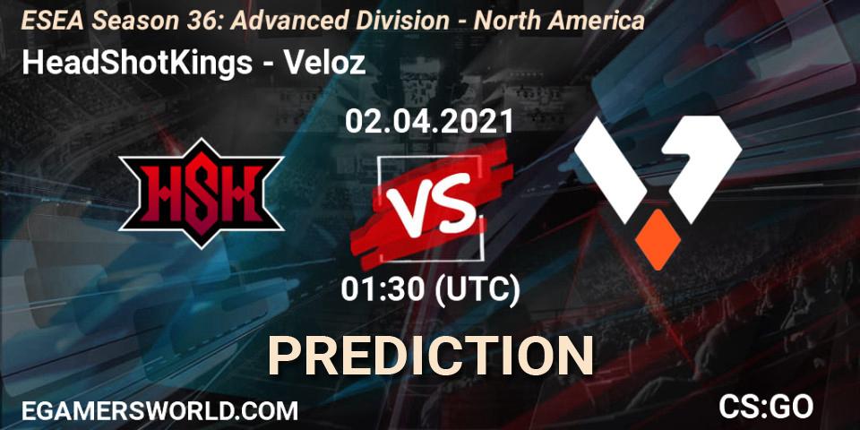Prognose für das Spiel HeadShotKings VS Veloz. 04.04.2021 at 01:00. Counter-Strike (CS2) - ESEA Season 36: Advanced Division - North America