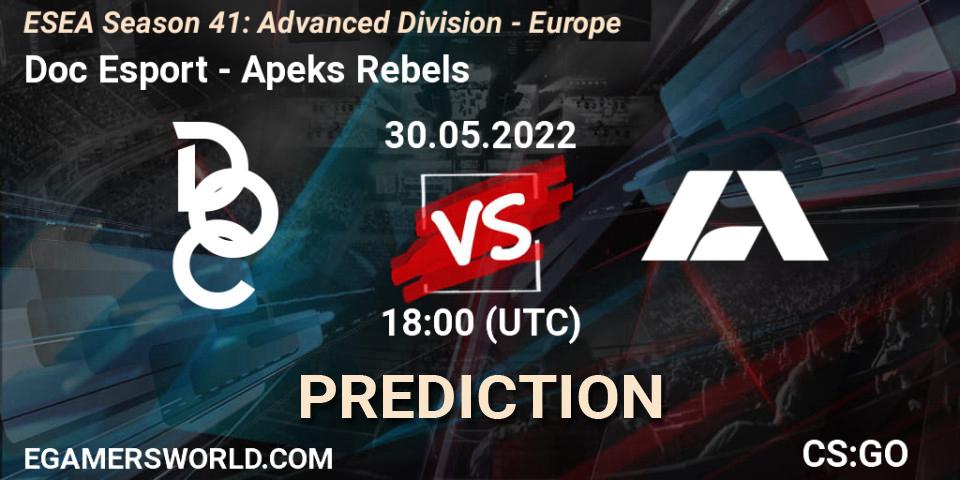 Prognose für das Spiel Doc Esport VS Apeks Rebels. 30.05.2022 at 18:00. Counter-Strike (CS2) - ESEA Season 41: Advanced Division - Europe