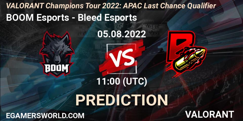 Prognose für das Spiel BOOM Esports VS Bleed Esports. 05.08.2022 at 11:00. VALORANT - VCT 2022: APAC Last Chance Qualifier