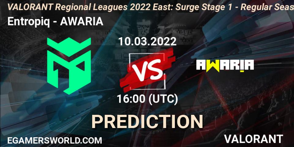 Prognose für das Spiel Entropiq VS AWARIA. 10.03.2022 at 16:00. VALORANT - VALORANT Regional Leagues 2022 East: Surge Stage 1 - Regular Season