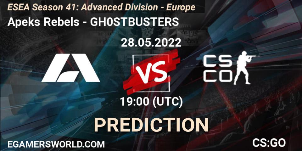 Prognose für das Spiel Apeks Rebels VS GH0STBUSTERS. 28.05.2022 at 19:00. Counter-Strike (CS2) - ESEA Season 41: Advanced Division - Europe