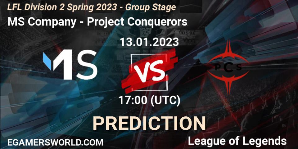 Prognose für das Spiel MS Company VS Project Conquerors. 13.01.2023 at 17:00. LoL - LFL Division 2 Spring 2023 - Group Stage