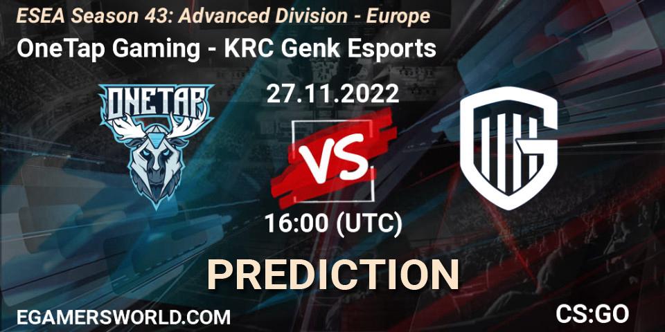 Prognose für das Spiel OneTap Gaming VS KRC Genk Esports. 27.11.22. CS2 (CS:GO) - ESEA Season 43: Advanced Division - Europe