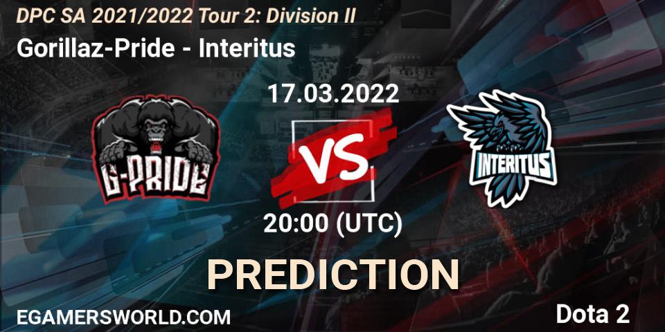 Prognose für das Spiel Gorillaz-Pride VS Interitus. 17.03.2022 at 19:00. Dota 2 - DPC 2021/2022 Tour 2: SA Division II (Lower)