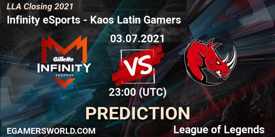 Prognose für das Spiel Infinity eSports VS Kaos Latin Gamers. 04.07.2021 at 00:00. LoL - LLA Closing 2021
