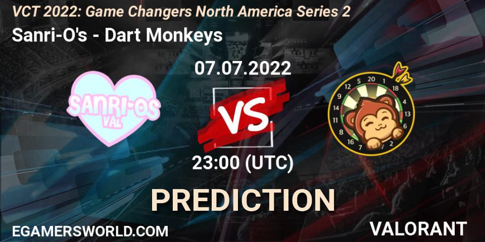 Prognose für das Spiel Sanri-O's VS Dart Monkeys. 07.07.2022 at 22:40. VALORANT - VCT 2022: Game Changers North America Series 2