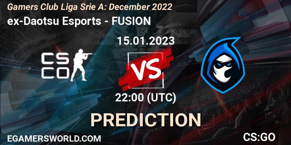 Prognose für das Spiel ex-Daotsu Esports VS FUSION. 15.01.2023 at 22:00. Counter-Strike (CS2) - Gamers Club Liga Série A: December 2022