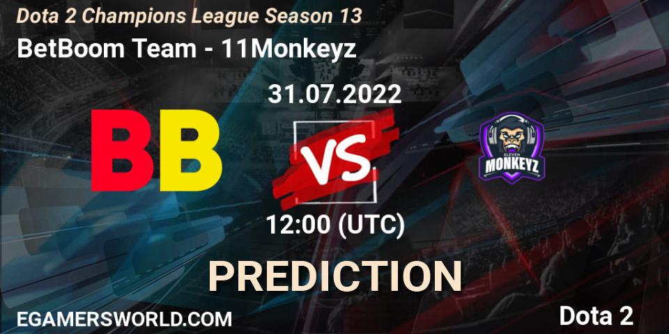 Prognose für das Spiel BetBoom Team VS 11Monkeyz. 31.07.2022 at 12:00. Dota 2 - Dota 2 Champions League Season 13
