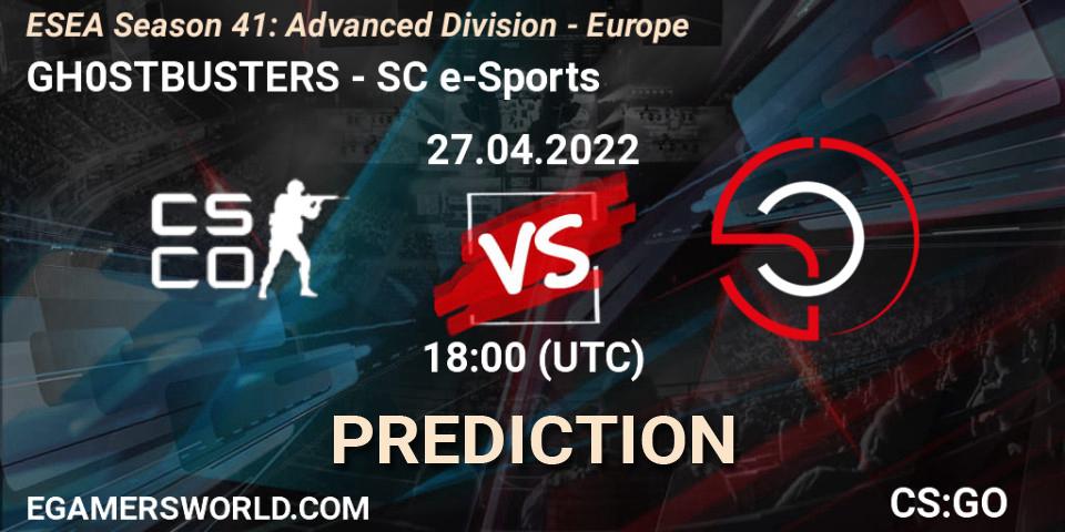 Prognose für das Spiel GH0STBUSTERS VS SC e-Sports. 27.04.2022 at 18:00. Counter-Strike (CS2) - ESEA Season 41: Advanced Division - Europe