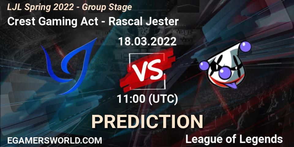 Prognose für das Spiel Crest Gaming Act VS Rascal Jester. 18.03.2022 at 11:00. LoL - LJL Spring 2022 - Group Stage