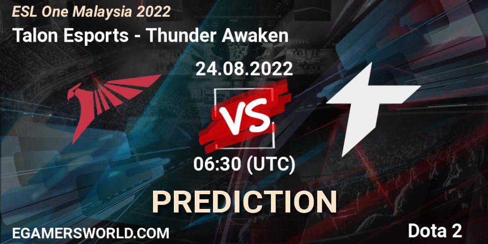 Prognose für das Spiel Talon Esports VS Thunder Awaken. 24.08.2022 at 06:36. Dota 2 - ESL One Malaysia 2022