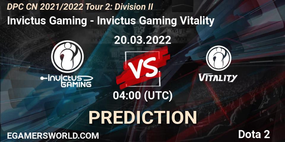 Prognose für das Spiel Invictus Gaming VS Invictus Gaming Vitality. 20.03.22. Dota 2 - DPC 2021/2022 Tour 2: CN Division II (Lower)