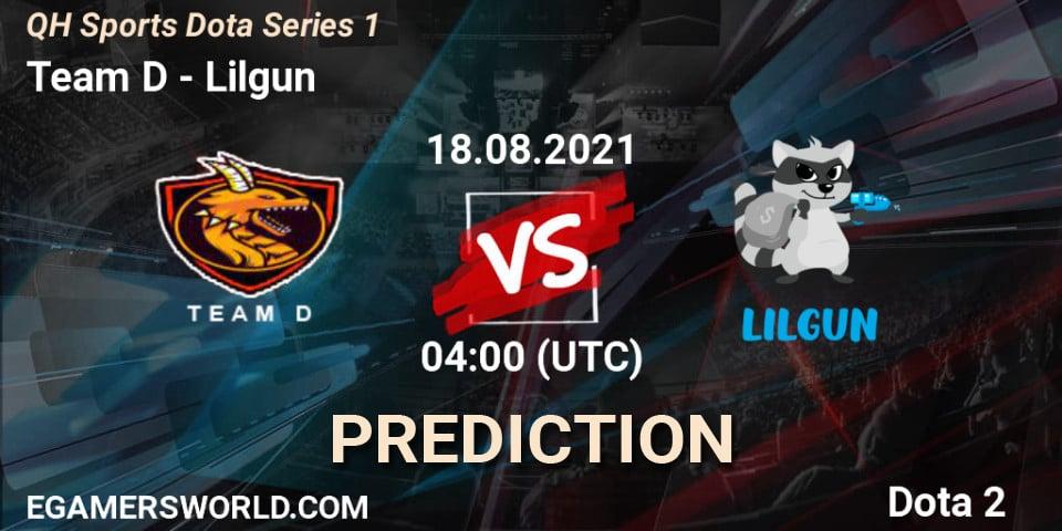 Prognose für das Spiel Team D VS Lilgun. 18.08.2021 at 06:04. Dota 2 - QH Sports Dota Series 1