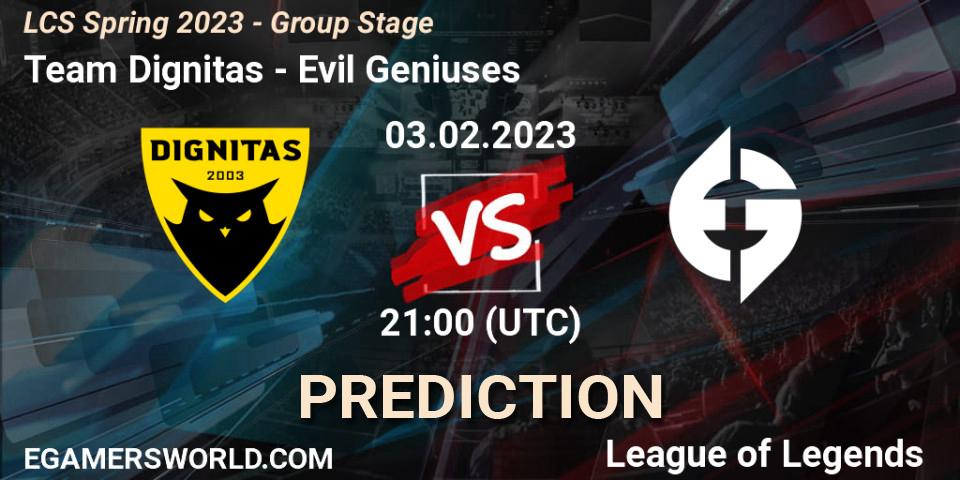 Prognose für das Spiel Team Dignitas VS Evil Geniuses. 04.02.2023 at 00:00. LoL - LCS Spring 2023 - Group Stage