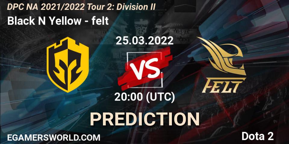 Prognose für das Spiel Black N Yellow VS felt. 25.03.2022 at 19:58. Dota 2 - DP 2021/2022 Tour 2: NA Division II (Lower) - ESL One Spring 2022