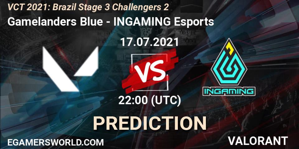 Prognose für das Spiel Gamelanders Blue VS INGAMING Esports. 17.07.2021 at 22:30. VALORANT - VCT 2021: Brazil Stage 3 Challengers 2