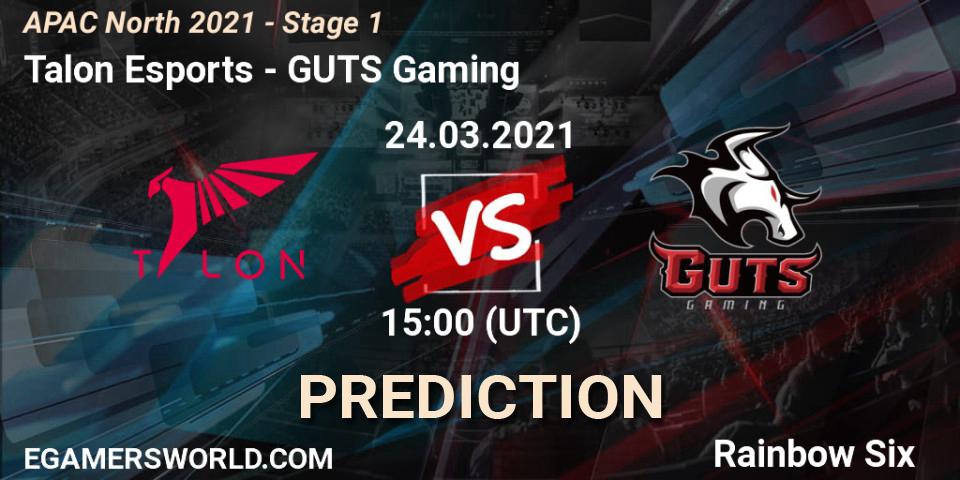 Prognose für das Spiel Talon Esports VS GUTS Gaming. 24.03.2021 at 15:00. Rainbow Six - APAC North 2021 - Stage 1