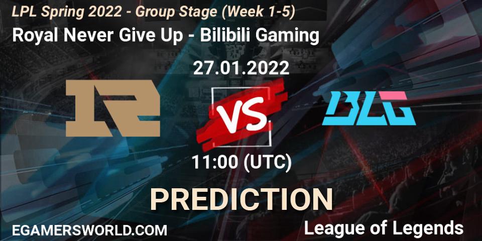 Prognose für das Spiel Royal Never Give Up VS Bilibili Gaming. 27.01.2022 at 11:00. LoL - LPL Spring 2022 - Group Stage (Week 1-5)