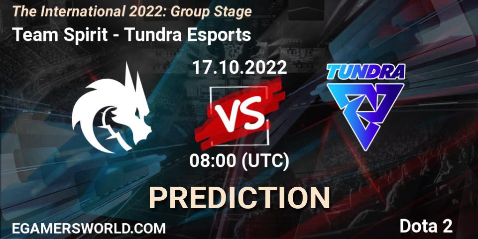 Prognose für das Spiel Team Spirit VS Tundra Esports. 17.10.2022 at 10:05. Dota 2 - The International 2022: Group Stage