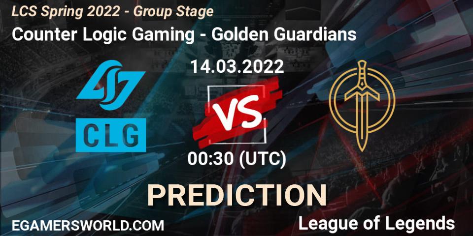 Prognose für das Spiel Counter Logic Gaming VS Golden Guardians. 13.03.22. LoL - LCS Spring 2022 - Group Stage