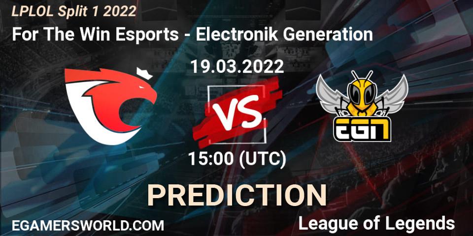 Prognose für das Spiel For The Win Esports VS Electronik Generation. 19.03.2022 at 15:00. LoL - LPLOL Split 1 2022