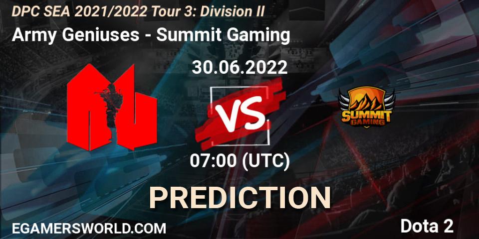 Prognose für das Spiel Army Geniuses VS Summit Gaming. 30.06.2022 at 07:02. Dota 2 - DPC SEA 2021/2022 Tour 3: Division II