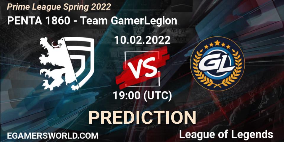 Prognose für das Spiel PENTA 1860 VS Team GamerLegion. 10.02.2022 at 20:00. LoL - Prime League Spring 2022
