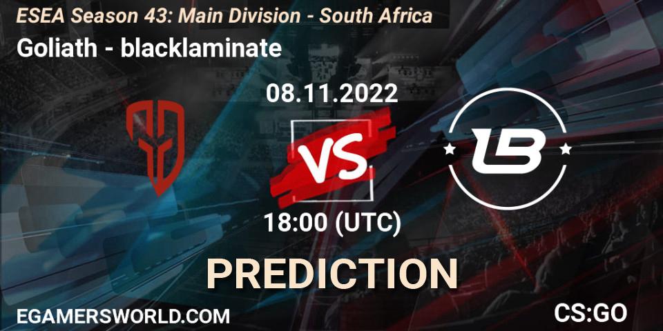 Prognose für das Spiel Goliath VS blacklaminate. 08.11.2022 at 18:00. Counter-Strike (CS2) - ESEA Season 43: Main Division - South Africa