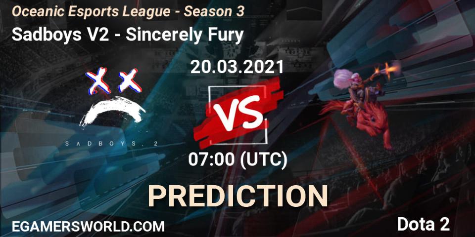 Prognose für das Spiel Sadboys V2 VS Sincerely Fury. 20.03.2021 at 07:02. Dota 2 - Oceanic Esports League - Season 3