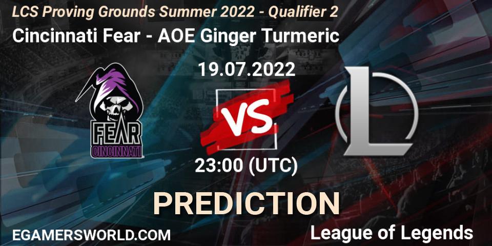 Prognose für das Spiel Cincinnati Fear VS AOE Ginger Turmeric. 19.07.2022 at 23:00. LoL - LCS Proving Grounds Summer 2022 - Qualifier 2