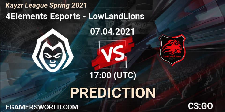 Prognose für das Spiel 4Elements Esports VS LowLandLions. 07.04.2021 at 17:00. Counter-Strike (CS2) - Kayzr League Spring 2021