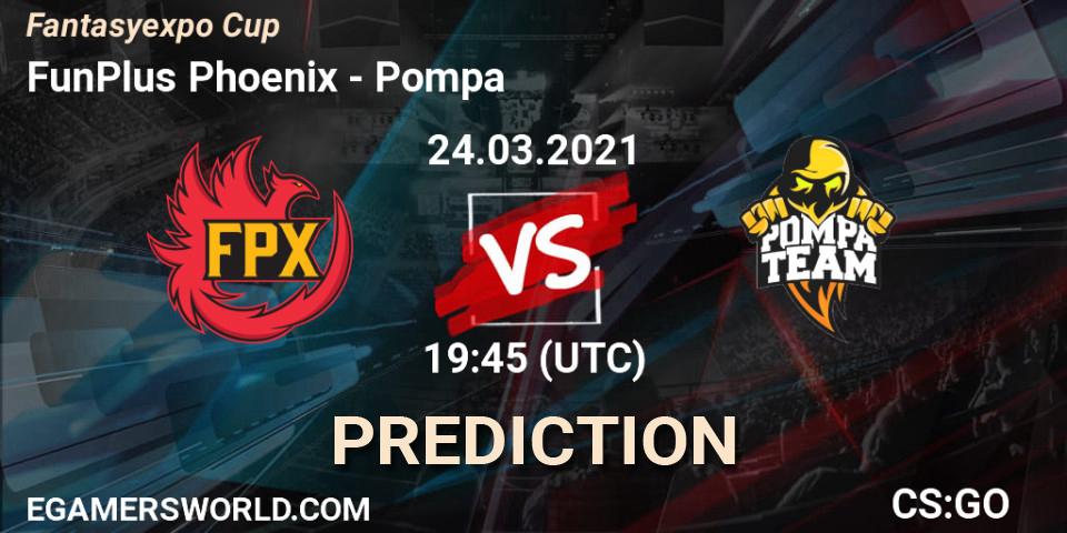 Prognose für das Spiel FunPlus Phoenix VS Pompa. 24.03.2021 at 19:45. Counter-Strike (CS2) - Fantasyexpo Cup Spring 2021