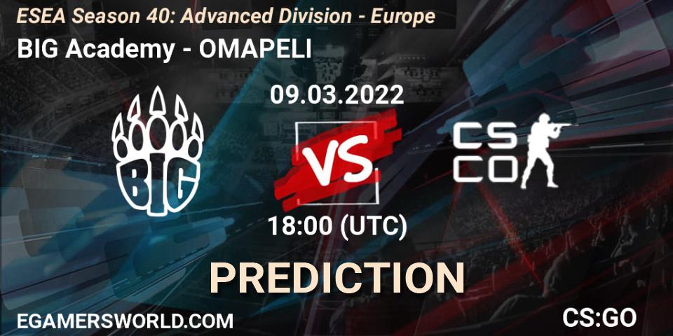 Prognose für das Spiel BIG Academy VS OMAPELI. 09.03.2022 at 18:00. Counter-Strike (CS2) - ESEA Season 40: Advanced Division - Europe