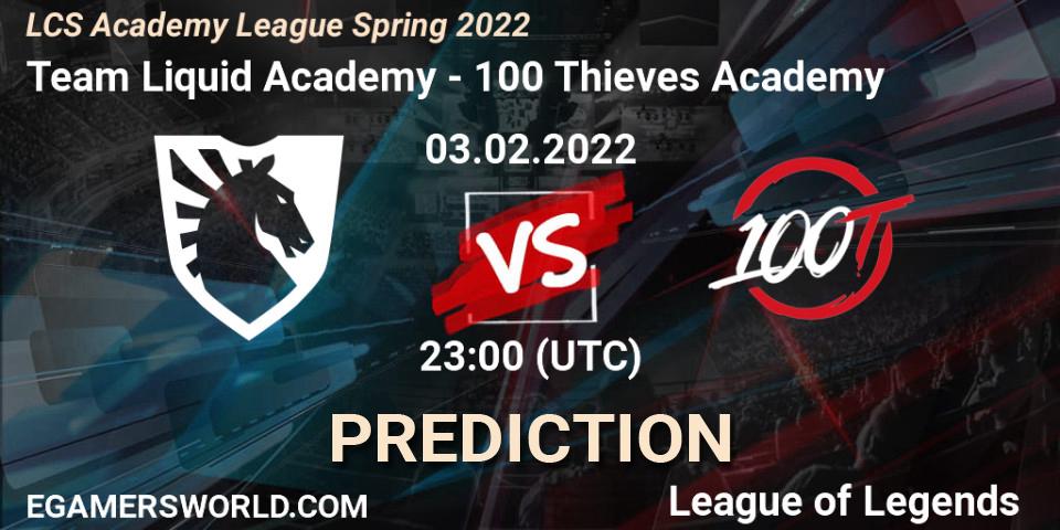 Prognose für das Spiel Team Liquid Academy VS 100 Thieves Academy. 03.02.2022 at 23:00. LoL - LCS Academy League Spring 2022