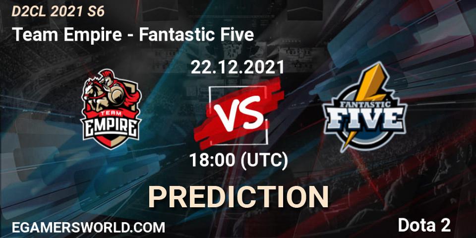 Prognose für das Spiel Team Empire VS Fantastic Five. 22.12.2021 at 18:49. Dota 2 - Dota 2 Champions League 2021 Season 6