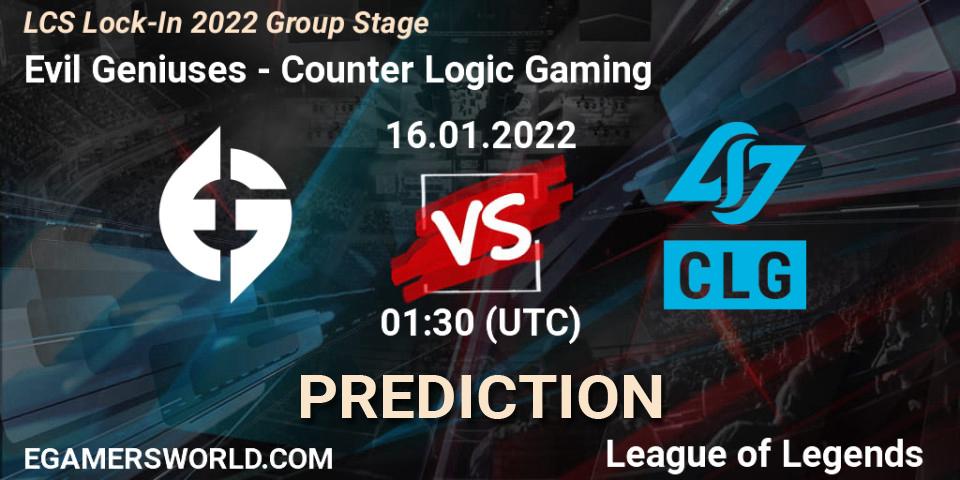 Prognose für das Spiel Evil Geniuses VS Counter Logic Gaming. 16.01.2022 at 01:30. LoL - LCS Lock-In 2022 Group Stage