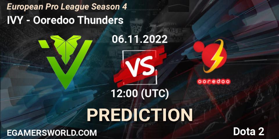 Prognose für das Spiel IVY VS Ooredoo Thunders. 08.11.2022 at 16:59. Dota 2 - European Pro League Season 4