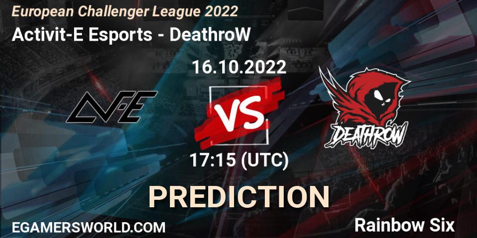 Prognose für das Spiel Activit-E Esports VS DeathroW. 21.10.2022 at 17:15. Rainbow Six - European Challenger League 2022