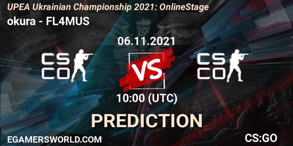 Prognose für das Spiel okura VS FL4MUS. 06.11.2021 at 10:00. Counter-Strike (CS2) - UPEA Ukrainian Championship 2021: Online Stage