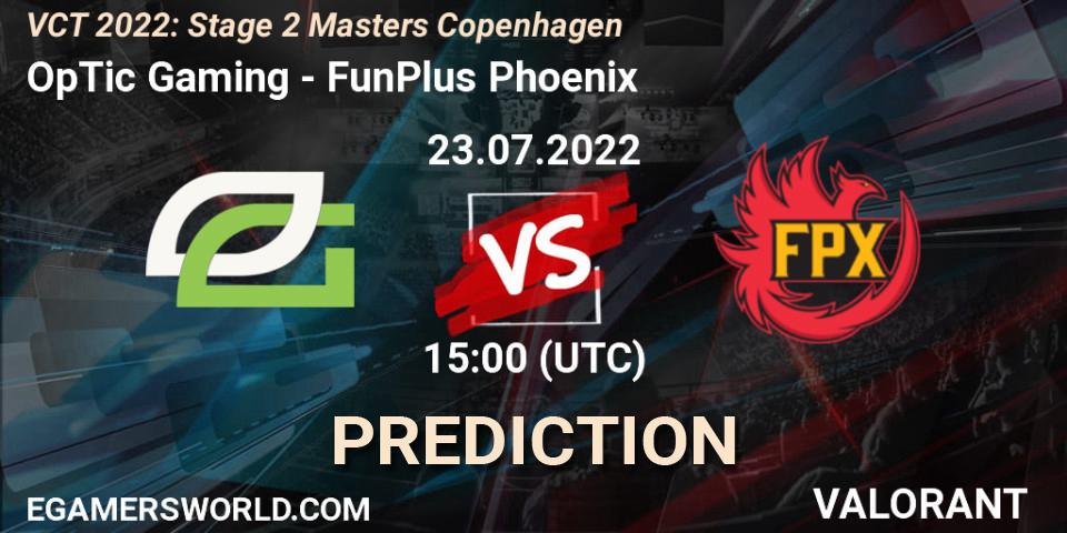 Prognose für das Spiel OpTic Gaming VS FunPlus Phoenix. 23.07.2022 at 15:15. VALORANT - VCT 2022: Stage 2 Masters Copenhagen