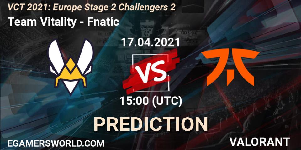 Prognose für das Spiel Team Vitality VS Fnatic. 17.04.2021 at 15:00. VALORANT - VCT 2021: Europe Stage 2 Challengers 2