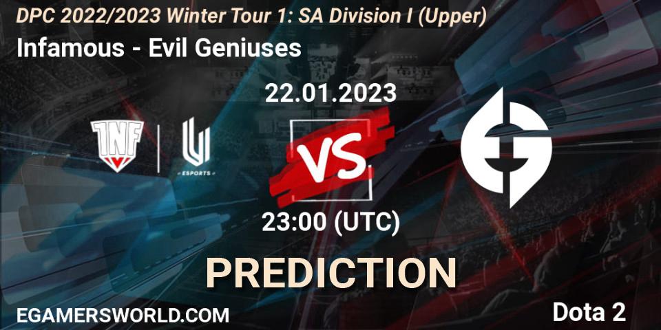 Prognose für das Spiel Infamous VS Evil Geniuses. 22.01.23. Dota 2 - DPC 2022/2023 Winter Tour 1: SA Division I (Upper) 