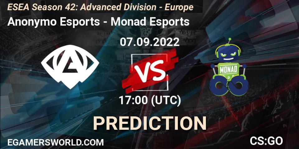 Prognose für das Spiel Anonymo Esports VS Monad Esports. 07.09.22. CS2 (CS:GO) - ESEA Season 42: Advanced Division - Europe