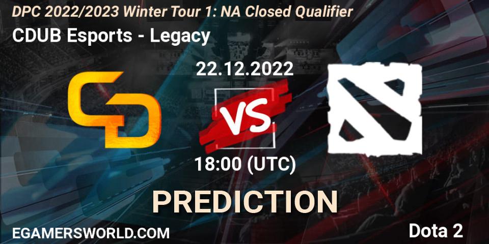 Prognose für das Spiel CDUB Esports VS Legacy遗. 22.12.2022 at 18:00. Dota 2 - DPC 2022/2023 Winter Tour 1: NA Closed Qualifier