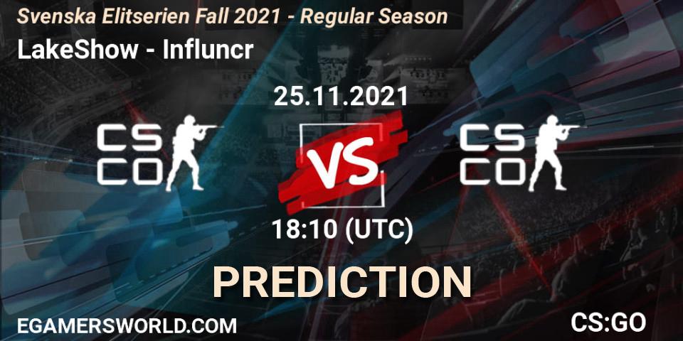 Prognose für das Spiel LakeShow VS Influncr. 25.11.2021 at 18:10. Counter-Strike (CS2) - Svenska Elitserien Fall 2021 - Regular Season