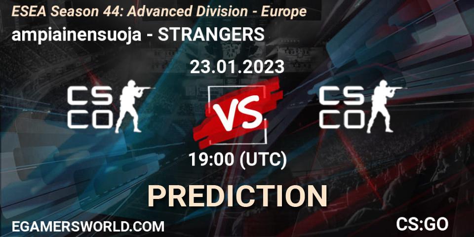 Prognose für das Spiel ampiainensuoja VS STRANGERS. 23.01.2023 at 19:00. Counter-Strike (CS2) - ESEA Season 44: Advanced Division - Europe